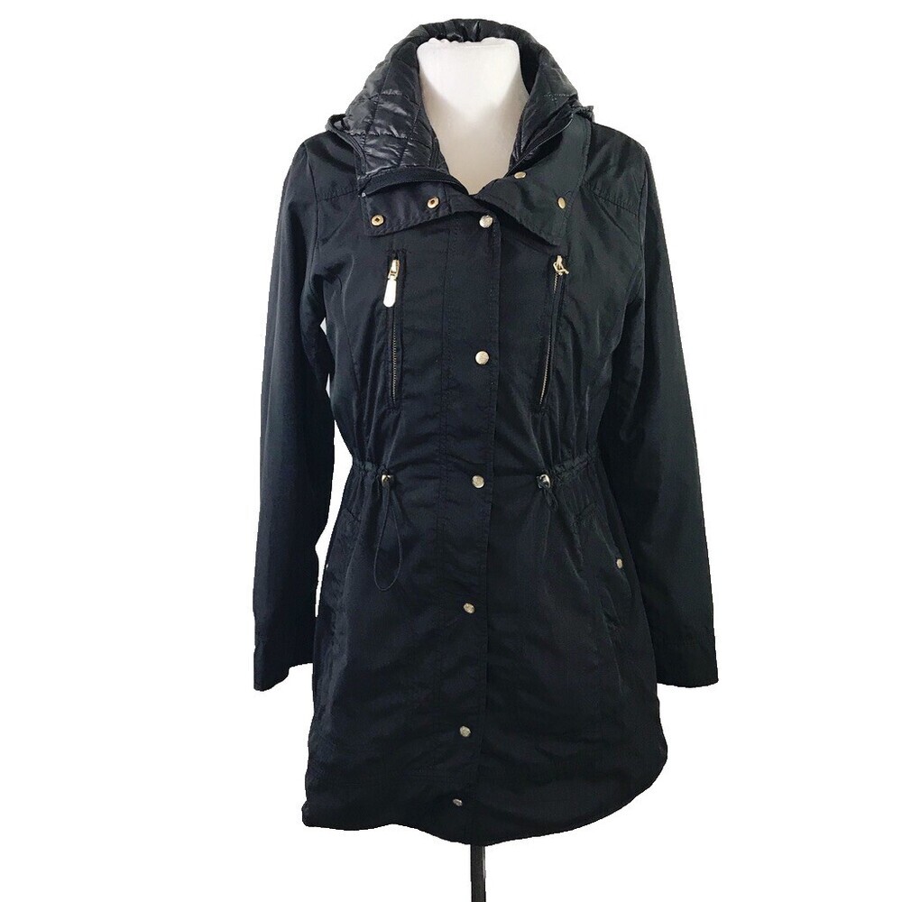 Vince Camuto Black Hooded Parka Jacket Size: Small Quilted Cinch Waist Long Coat